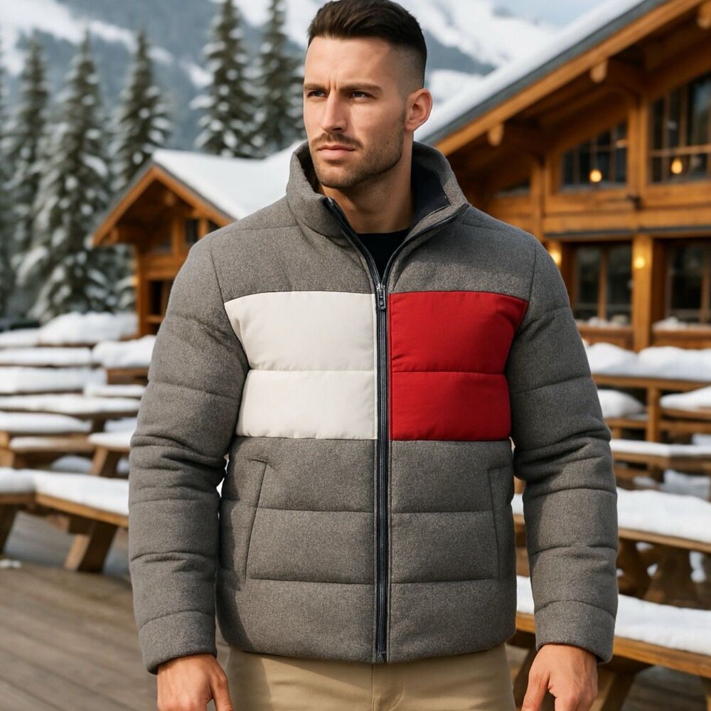 Tommy Hilfiger Jacket L Wool Blend Puffer Gray Red Flag Colorblock Coat Ski